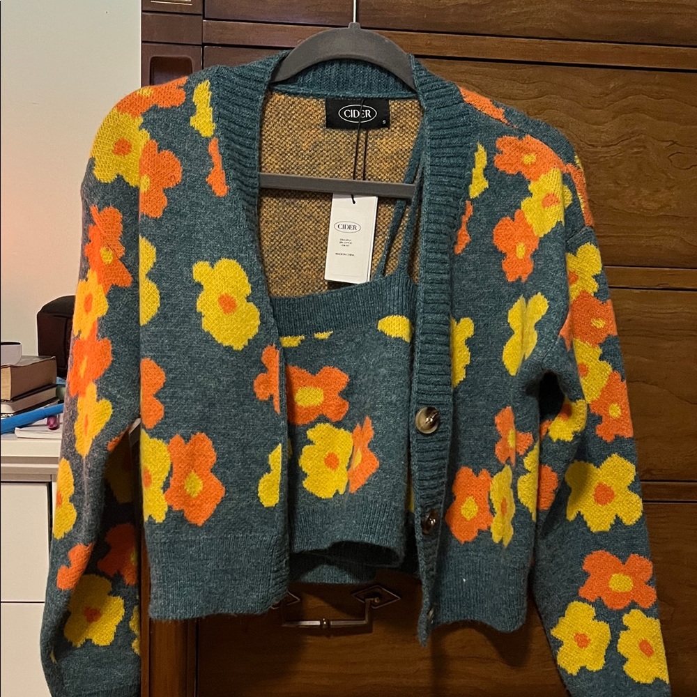 Cider Floral Knit Cardigan and Top Set - Orange and Yellow